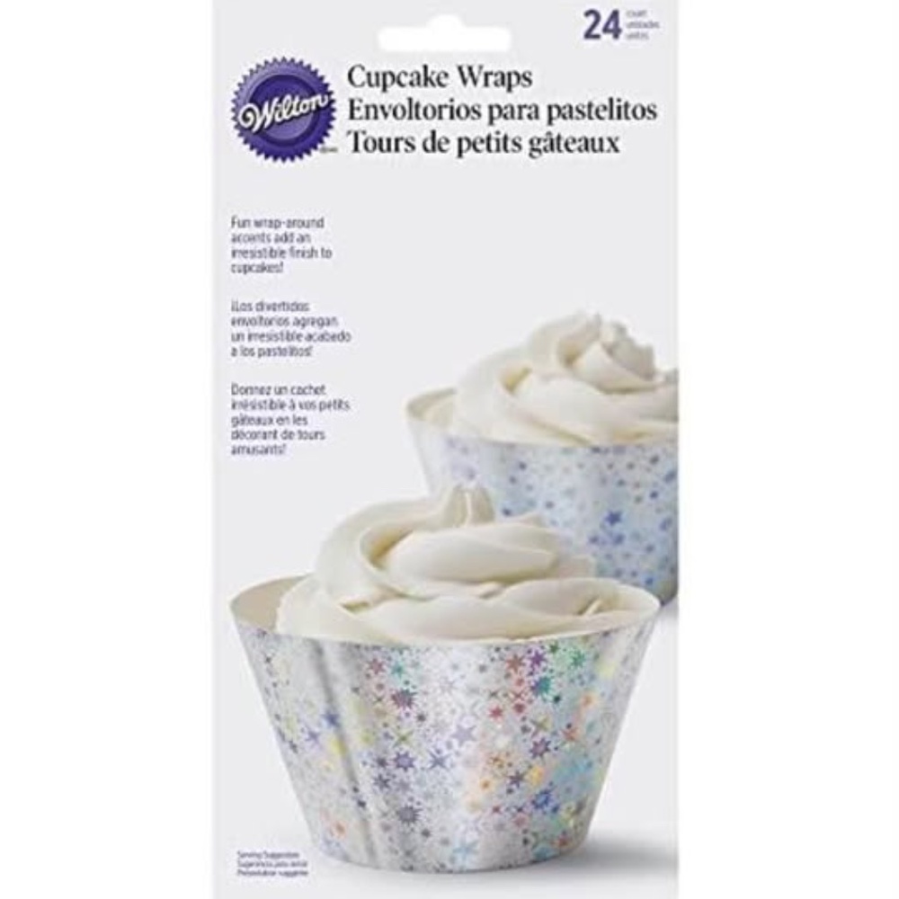 BRAND NEW sealed Wilton cupcake silver star themed wraps / wrappers 24 per pack